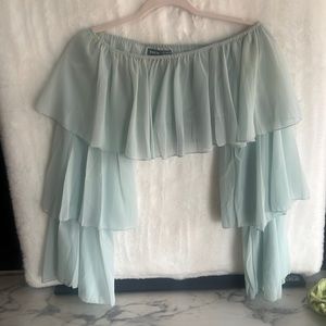 Light green off the shoulder. Crap bell sleeves absolutely so adorable.
